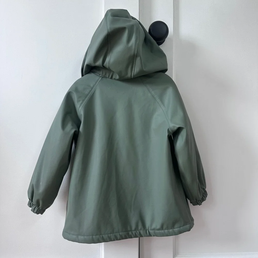 HM Kids Sage Green Fleece Lined Rain Jacket Detachable Hood Size 2-3Y